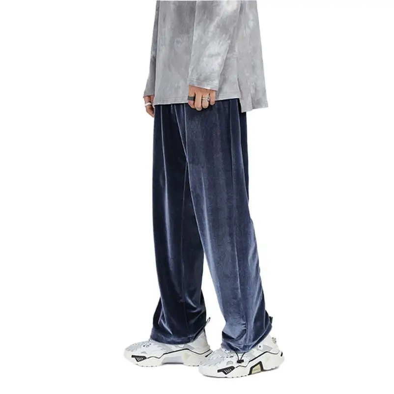 High Street Male Velvet Long Straight Trousers High Waist Drawstring Fashion Chic Men Pants Plus Size Trousers M-7XL Gray Black