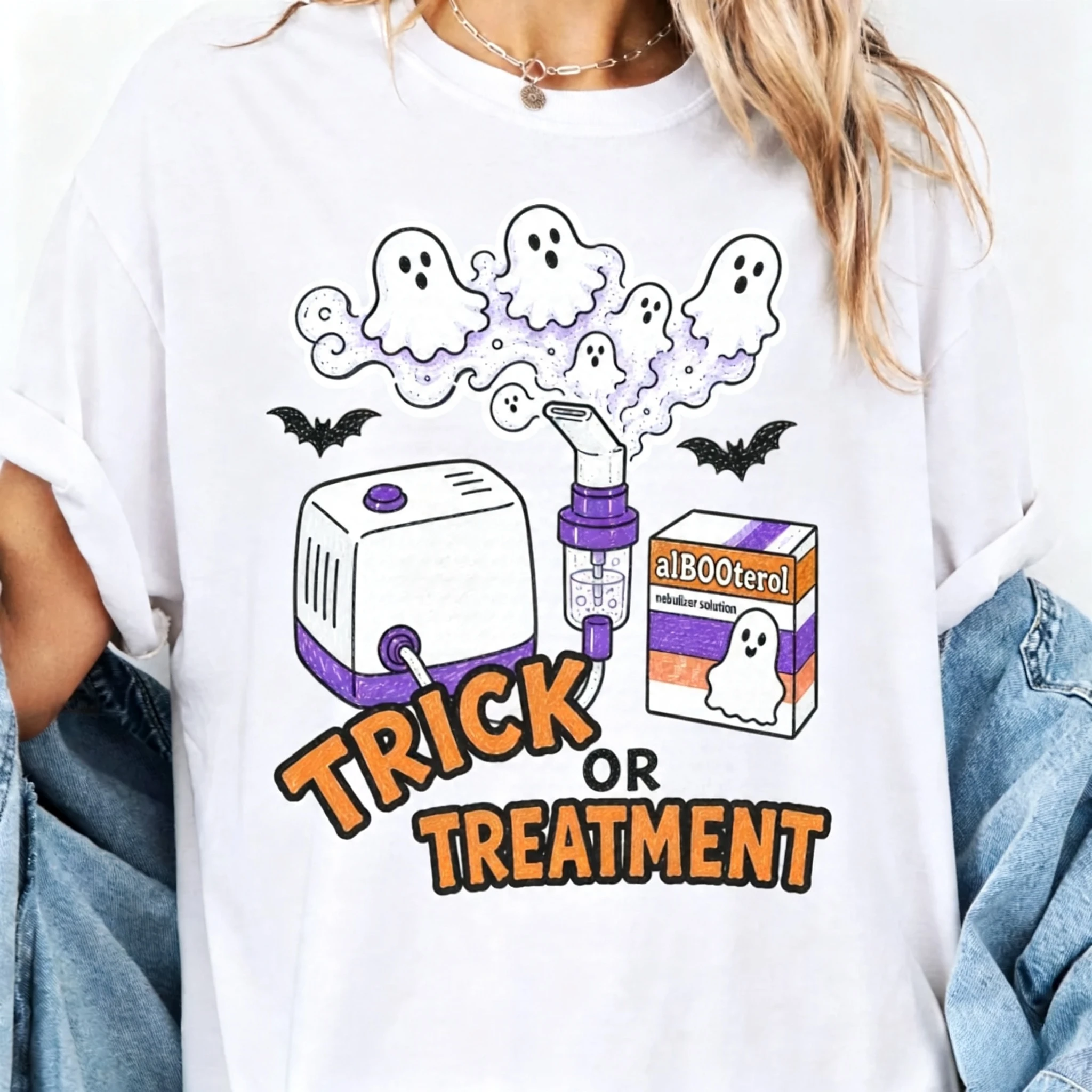 Trick or Treatment Halloween Nebulizer Ghost Graphic T-Shirt Respiratory Therapist Cute Ghost Tee RT Nurse Spooky Season Shirt