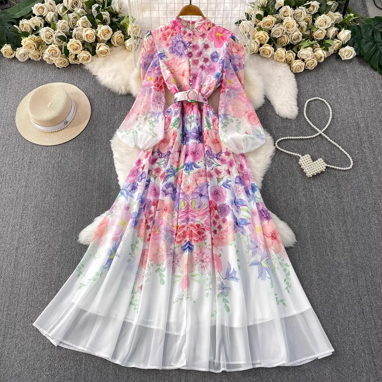 

Slim Fit Romantic Floral Print Stand Collar Long Sleeve High Waist A-Line Summer Dress Commute Holiday Women Dr Ele