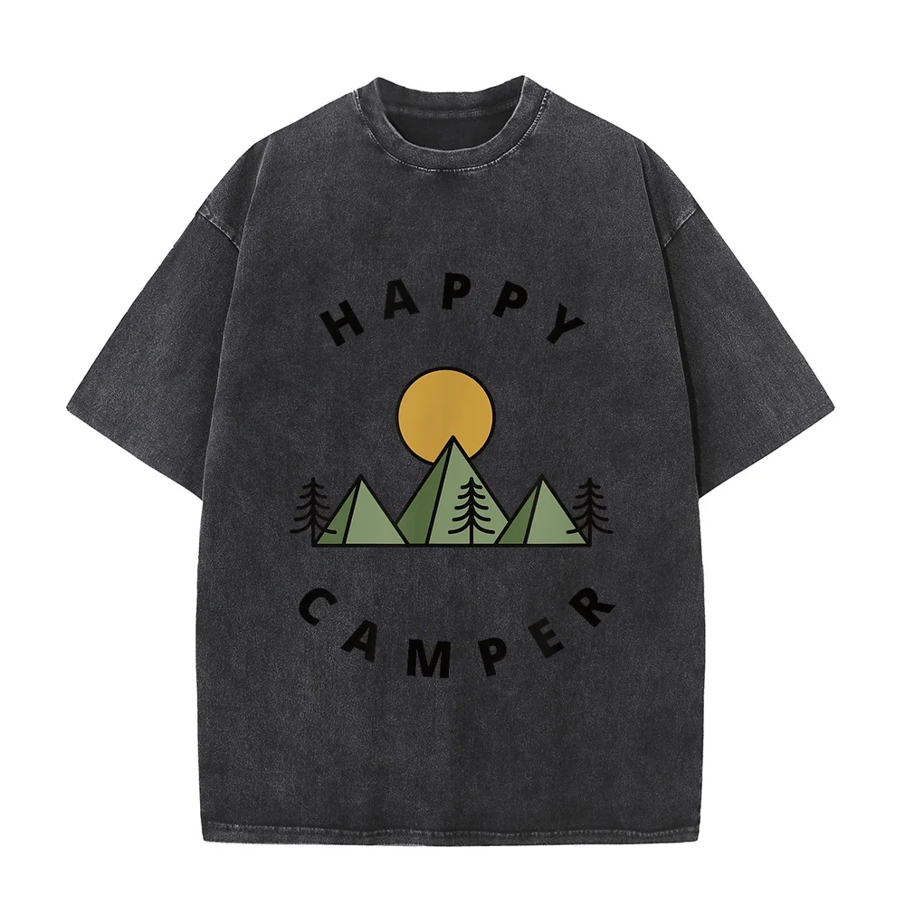 Happy Camper Camping Camp Forest Mountains Minimalist Mens T-Shirt Y2k Oversize Shirts For Men 100 Natural Cotton Humor Shirt