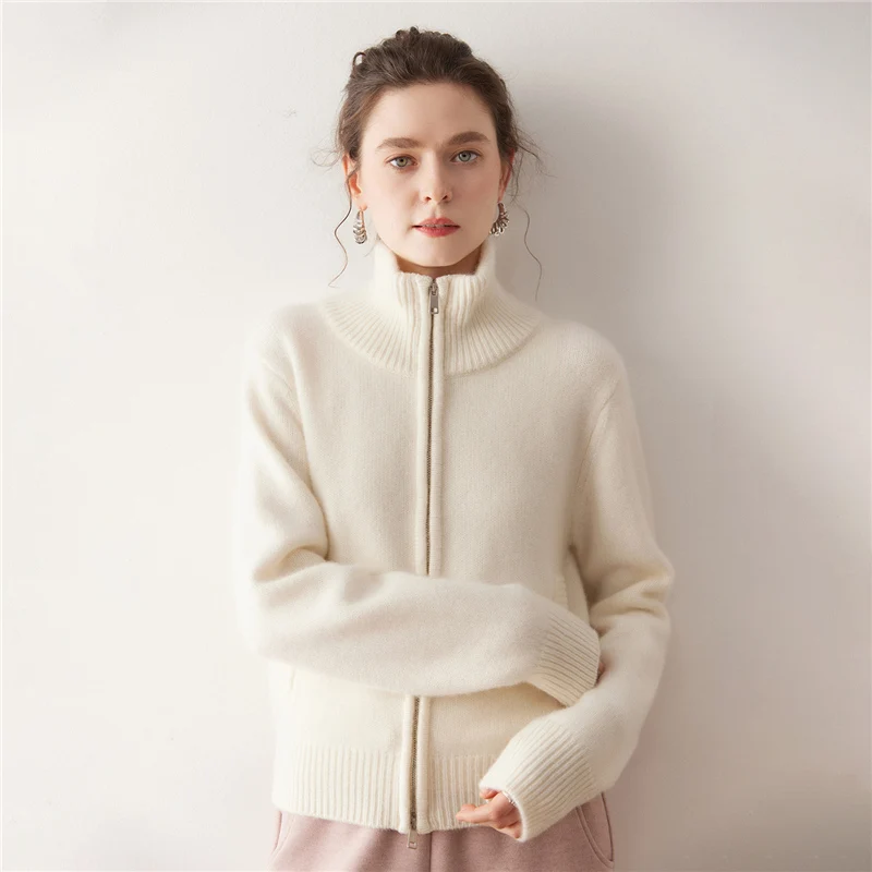 MVLYFLRT – Cardigan tricoté en cachemire pour femme, col à revers, pull avec fermeture éclair, mode courte, veste épaisse d'hiver, douce et confortable, 100%