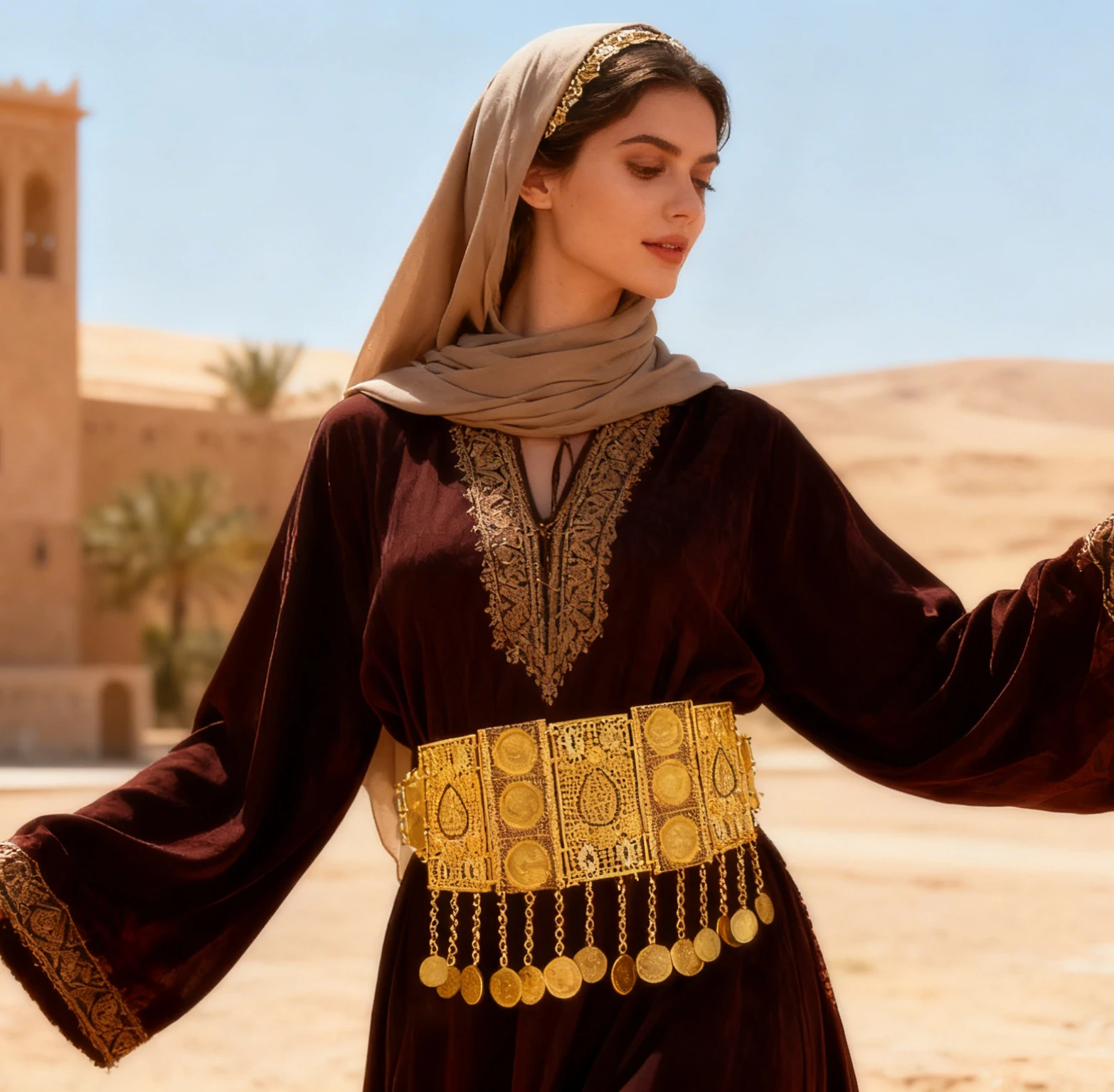 

Middle Eastern luxurious vintage golden irregular hollow teardrop carved coin tassel pendant alloy heavy-duty wide waist chain