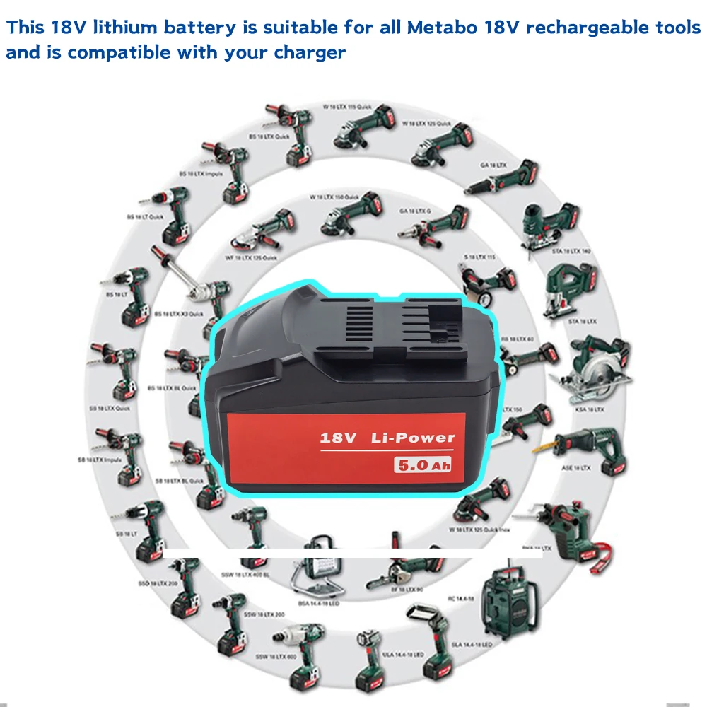 Higher Quality 18V 5Ah li-ion Battery For metabo18V BSZ18 Wireless Power Tools Drill bit 625592000 625591000 Spare tool battery