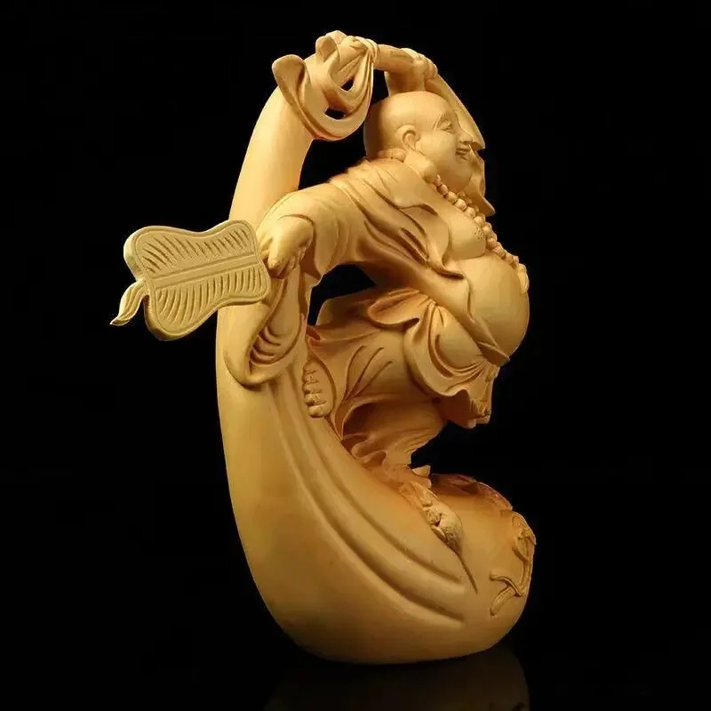 Cliff Cypress Wood Carving Dancing Maitreya Buddha Statue Chinese Wooden Buddha decoration craft