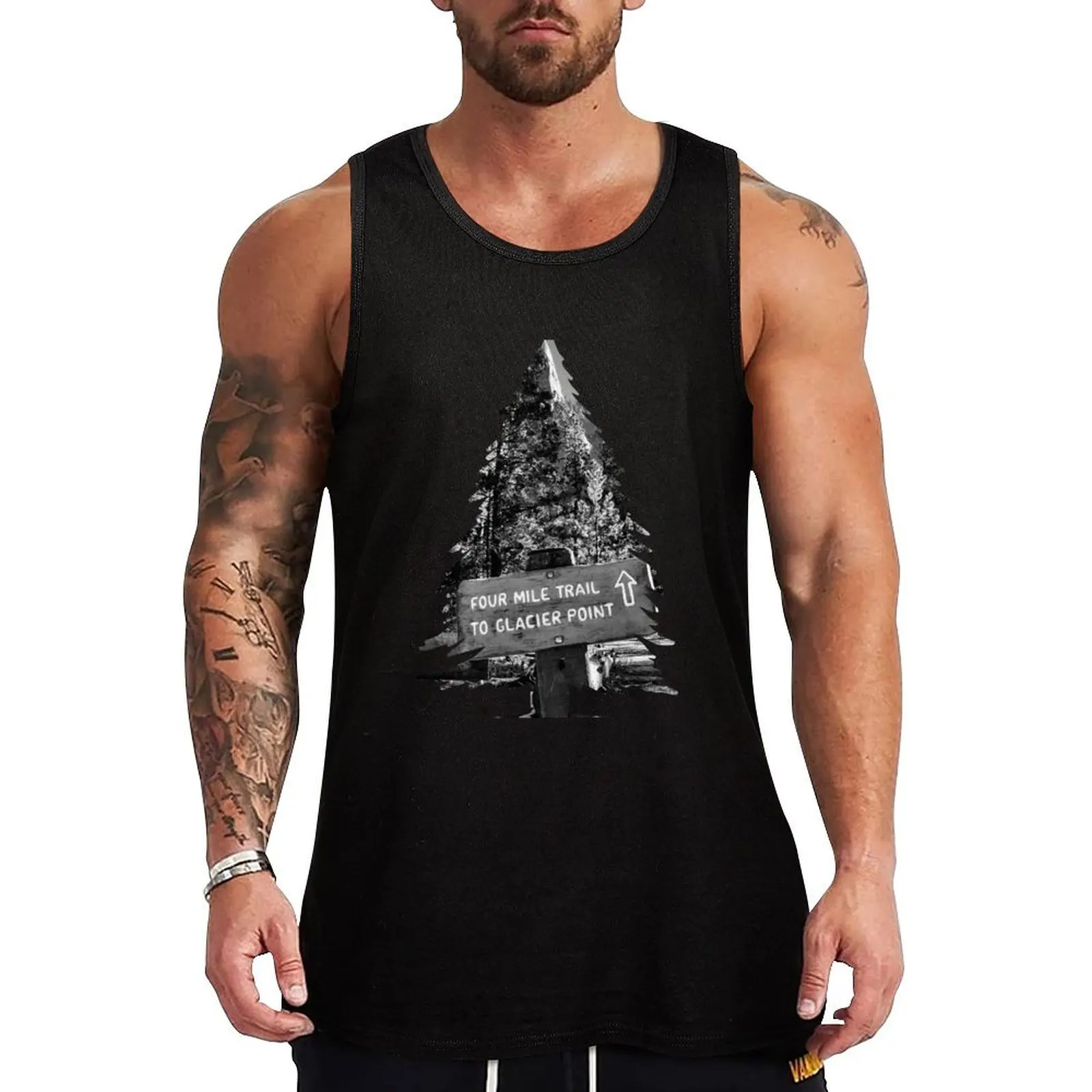 Glacier Point Four Mile Trail Sign Black White Conifer Design Tank Top sports suits Men's gym articles men gym clothing