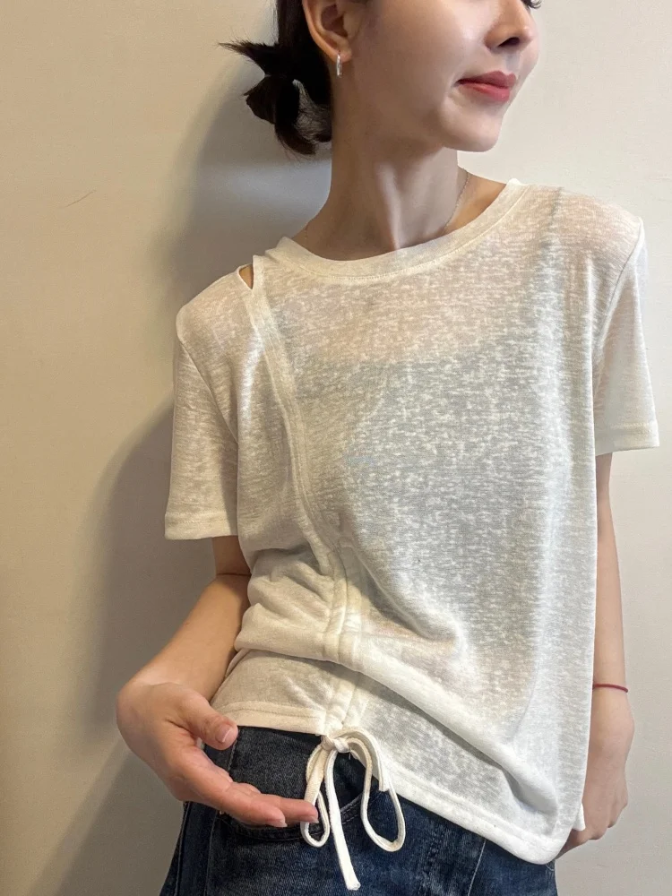 Summer New Women's Short Sleeve T-Shirt Splice Hollow out Top Drawstring Korean Style Standard Fit  Color Commute Ready