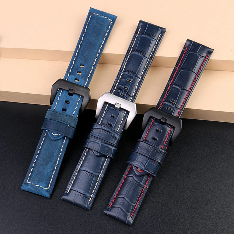 22mm 24mm 26mm Crocodile Pttern Watch Band  Calfskin Leather Men's for Panerai  PAM111 PAM441 Breitling Citizen Bue Watch Strap view 3