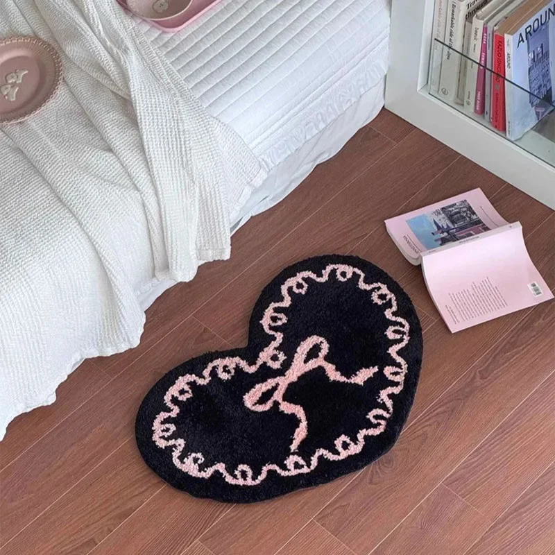 سجادة معنقدة على شكل قلب من Bow Girl - سجادة أرضية ماصة غير قابلة للانزلاق لغرفة النوم وطاولة القهوة وديكور بجانب السرير