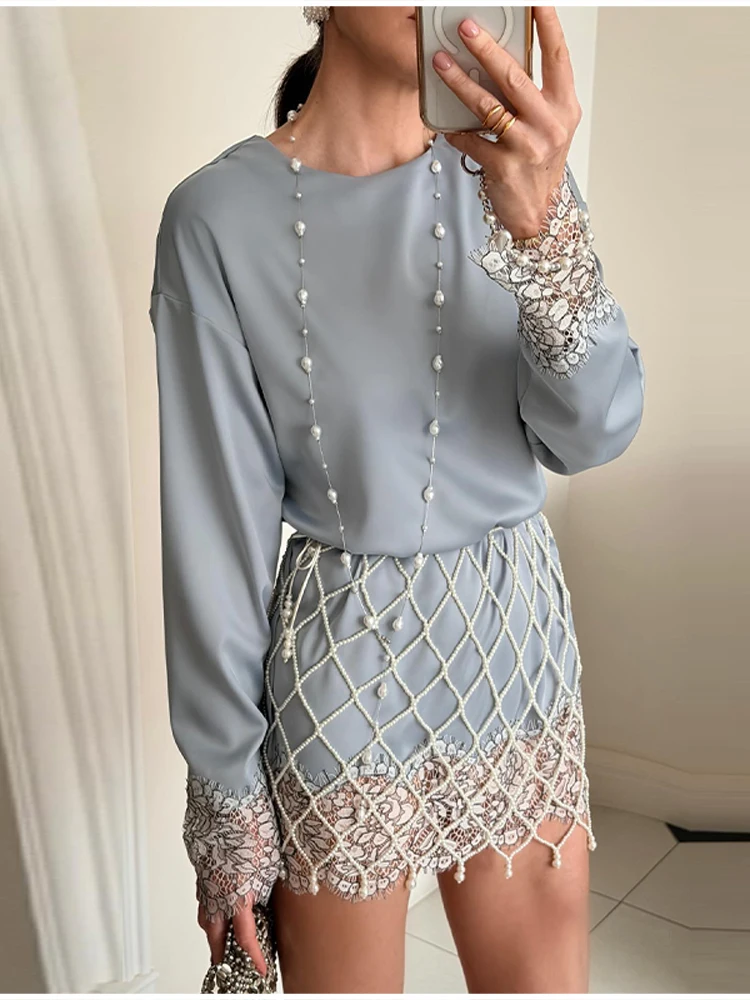 Elegant Modest Blouse Designers Satin Lace Retro Women Tops Spring Romantic Casual Chic Fashionable Streetwear