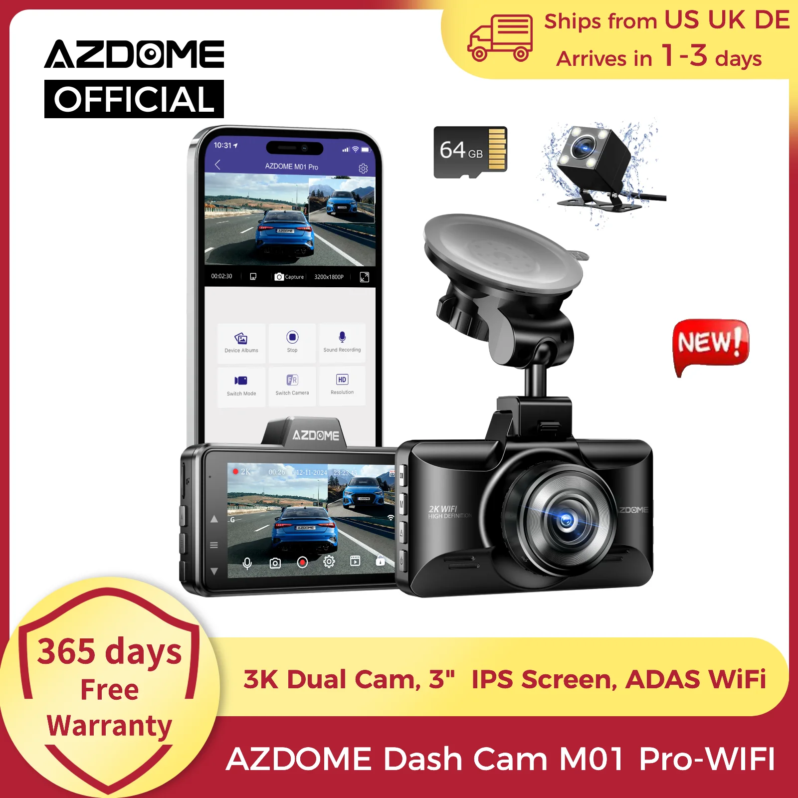 Upgrade AZDOME Dash Cam M01 Pro 3K Front and Rear 3