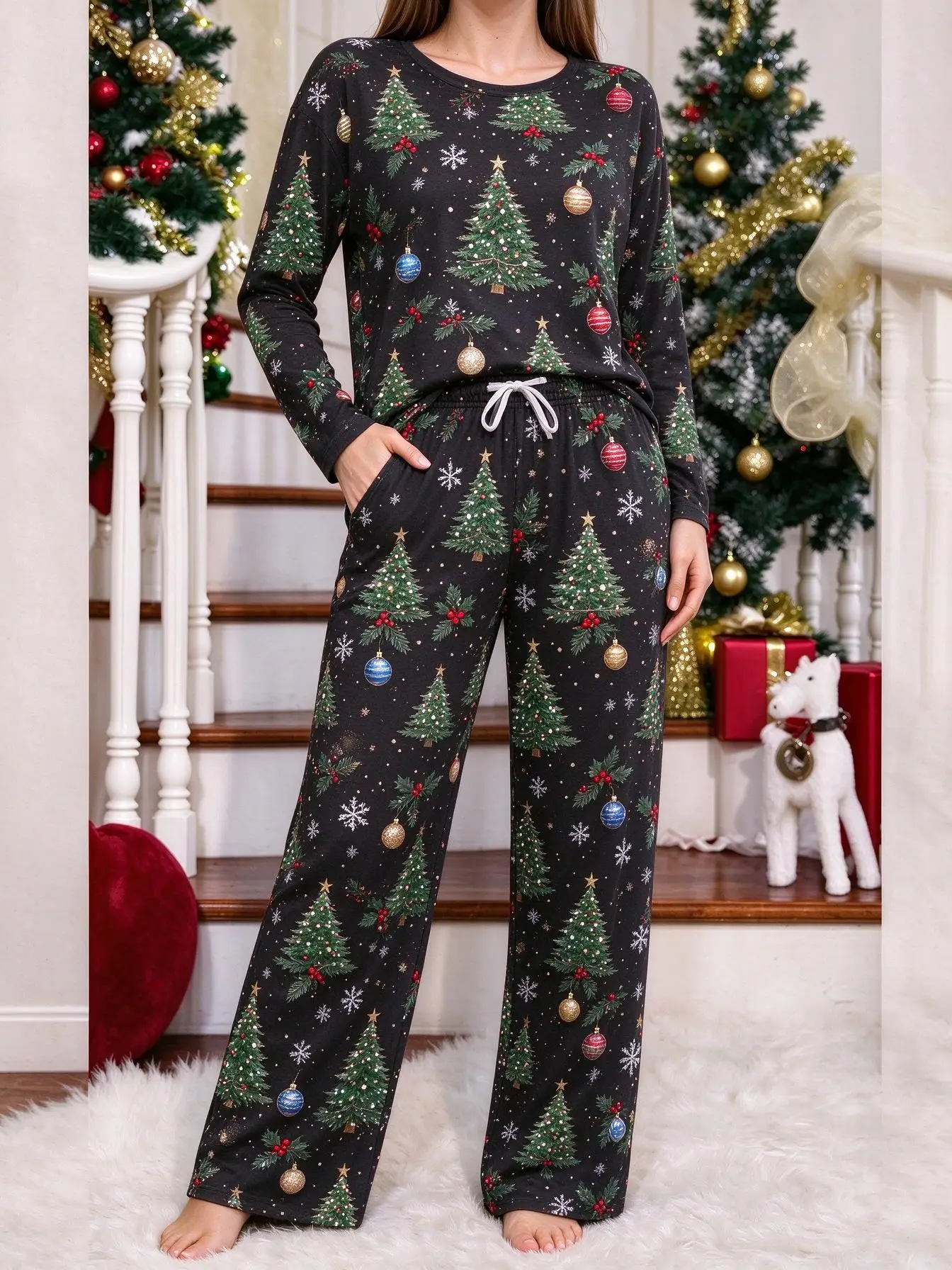Women Imitation Cotton Loungewear Set Christmas Gingerbread Man with Santa Hat Candy Cane All Over Print Long Sleeve Pajamas view 4