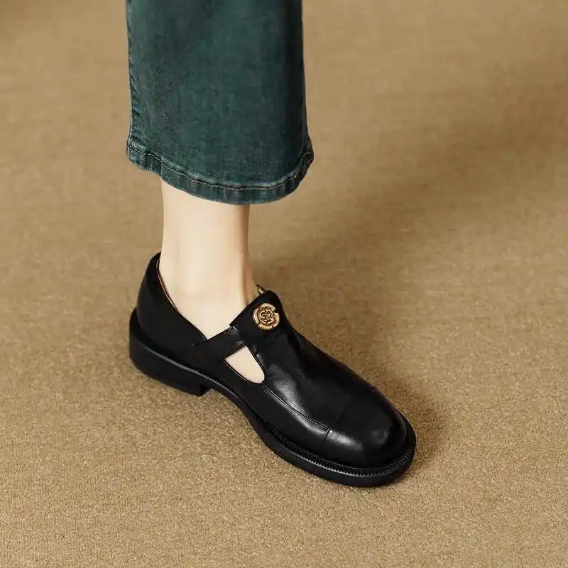 

Easy Wear Leather Tea Flower Flats Women's Spring Autumn New Retro British Style Versatile round Toe Small Leather Shoes
