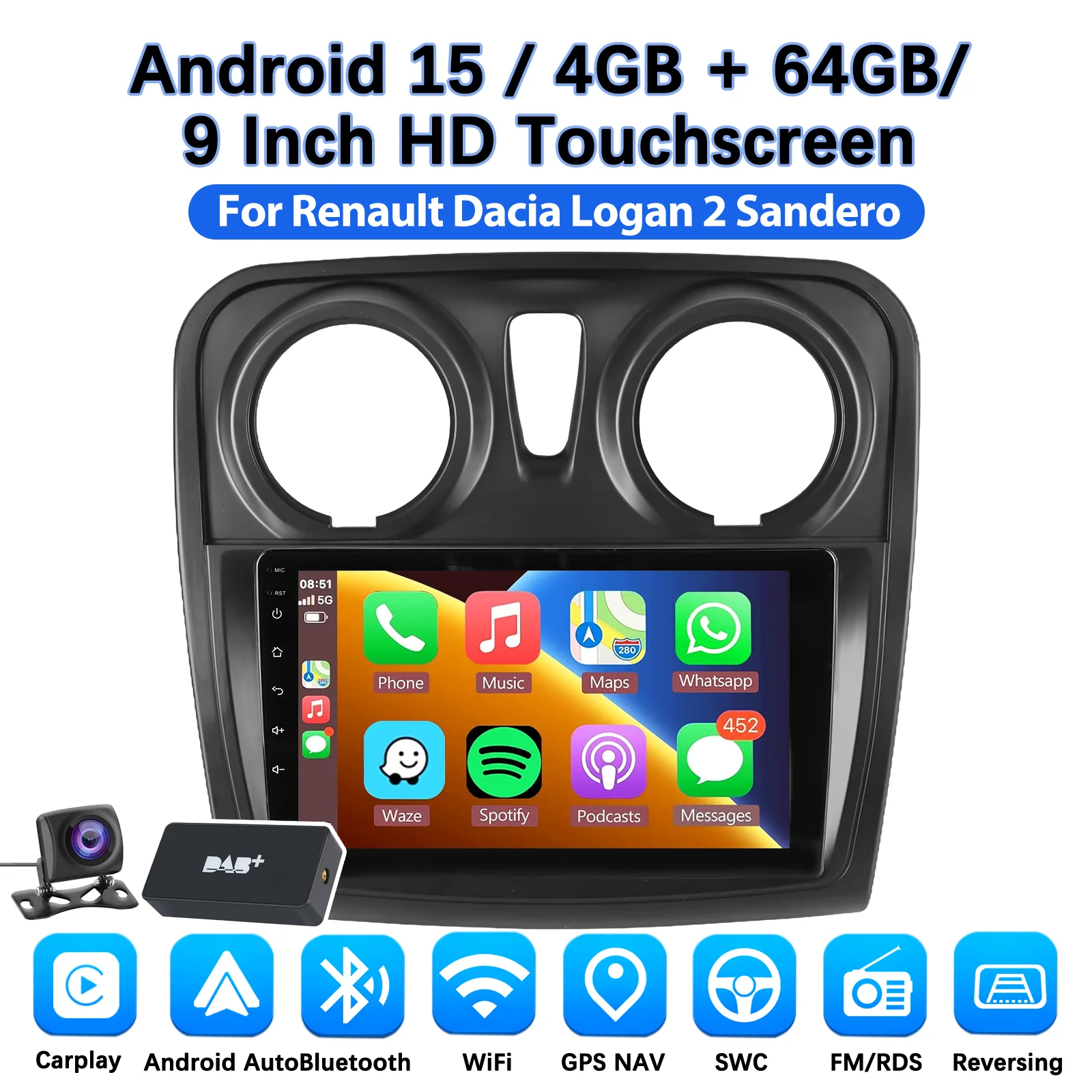 DAB+ Android 15 autoradio voor Renault Logan 2 2012 - 2019 Sandero 2 2014 - 2019 Multimedia Navigatie Carplay Head Unit 2 Din