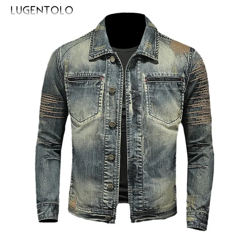 Men Denim Jacket Outdoor Retro Lapel Slim Fit Coats Single-breasted Fashion Bright Line Patch Design Versatile Street Biker Wear