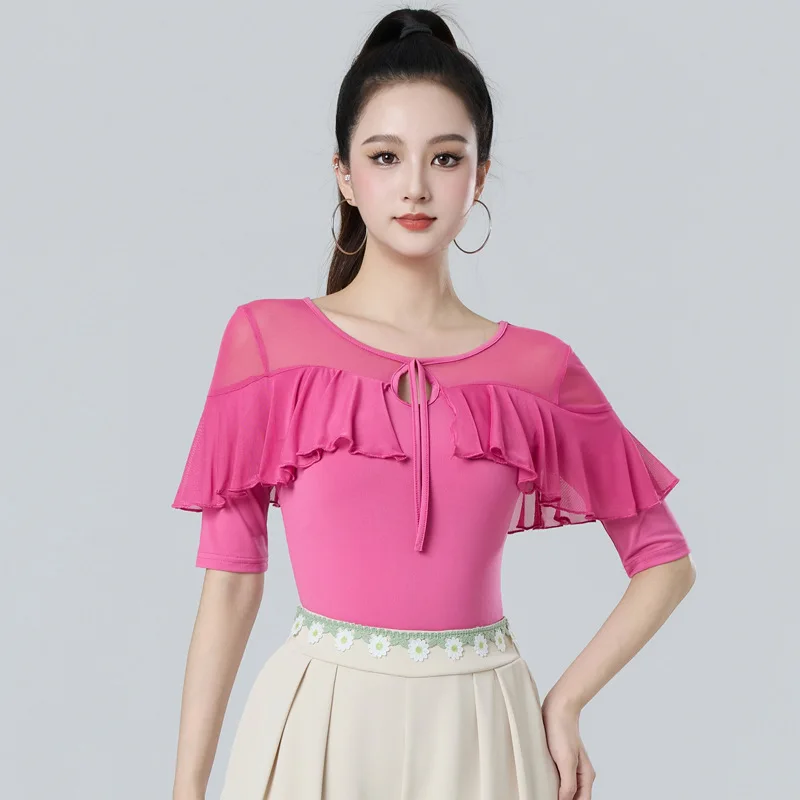 2025年夏 ラテンダンス衣装 レディース トップス 新作 モダンダンス ギタバダンス衣装 メッシュスプライシング ブラック ミドルスリーブ