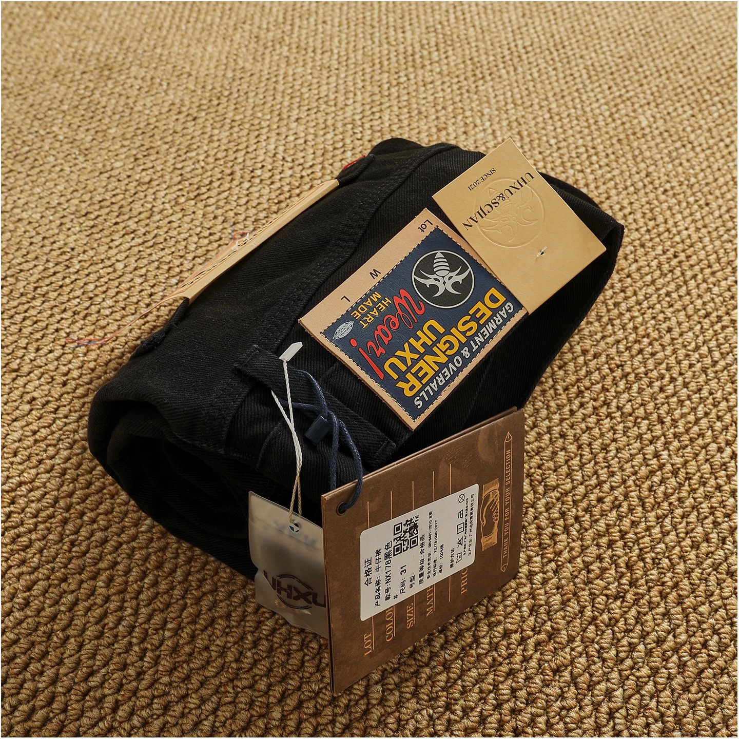 بنطال جينز أمريكي عتيق ذو ساق مستقيمة من قماش الدنيم باللون الأسود الفاخر للرجال - سروال مناسب مريح ثقيل الوزن لخريف/شتاء