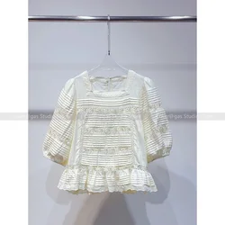 Women's 2024 Summer New Square Collar Lace Hollow Bubble Sleeve Cotton Blouse Top