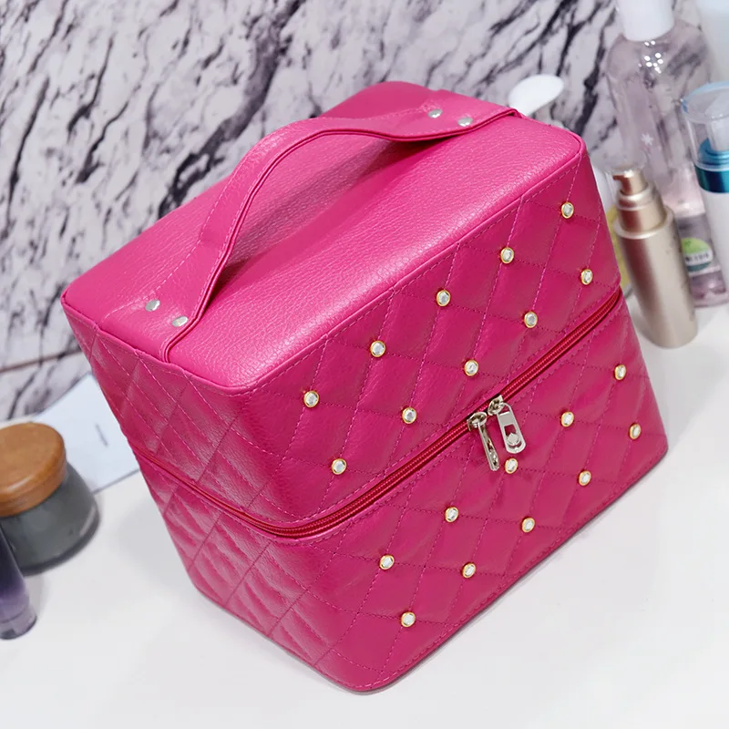 Double Layered Large Capacity Makeup Bag Luxury Diamond Handbag Women's Travel PU Cosmetics Storage Box Portable Beauty Pack ﻿