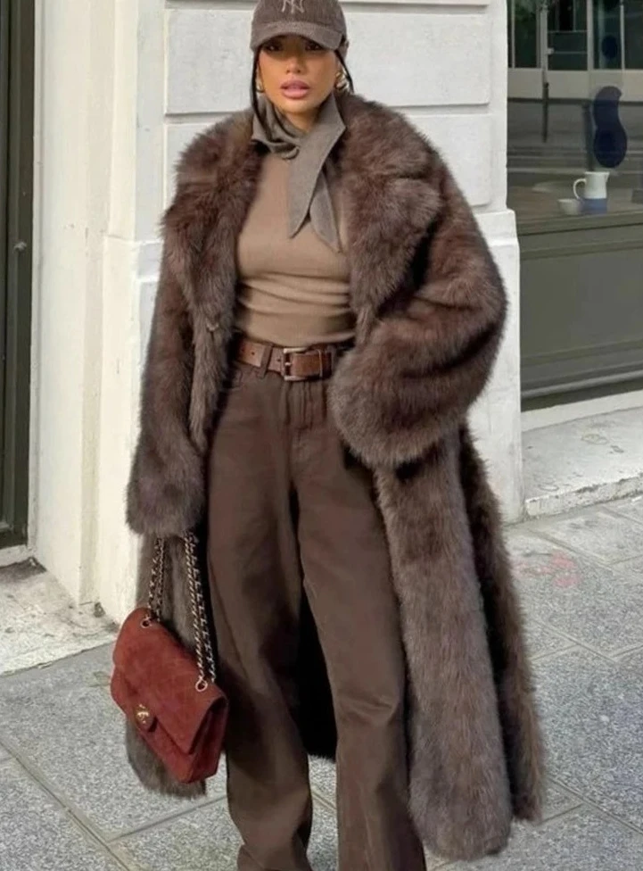 

Женская зимняя новая винтажная роскошная длинная шуба из искусственного лисьего меха, теплая пушистая меховая куртка, женская уличная меховая верхняя одежда, пальто