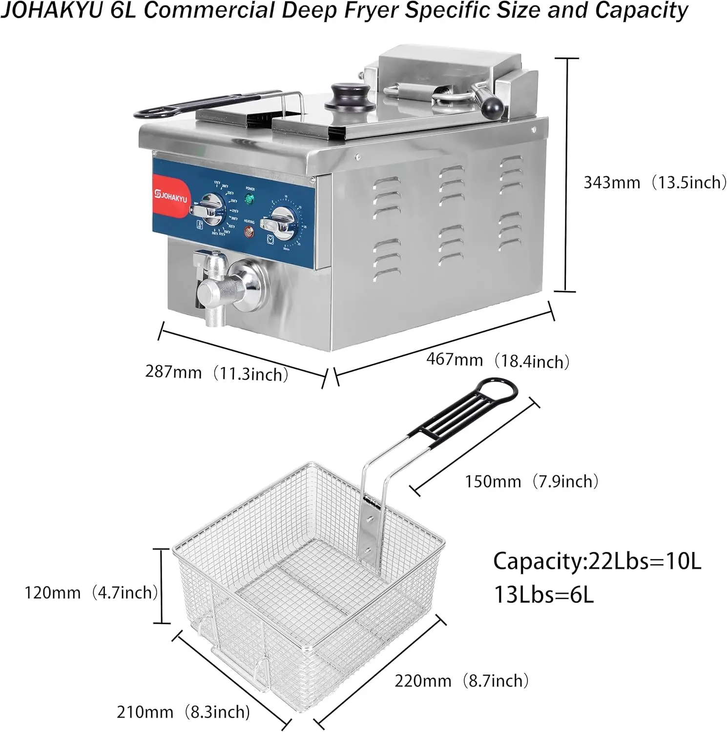Freidora comercial de 6L con cesta, freidora eléctrica con temporizador, drenaje, cabezal de freidora oscilante, encimera eléctrica de 120v 1800w