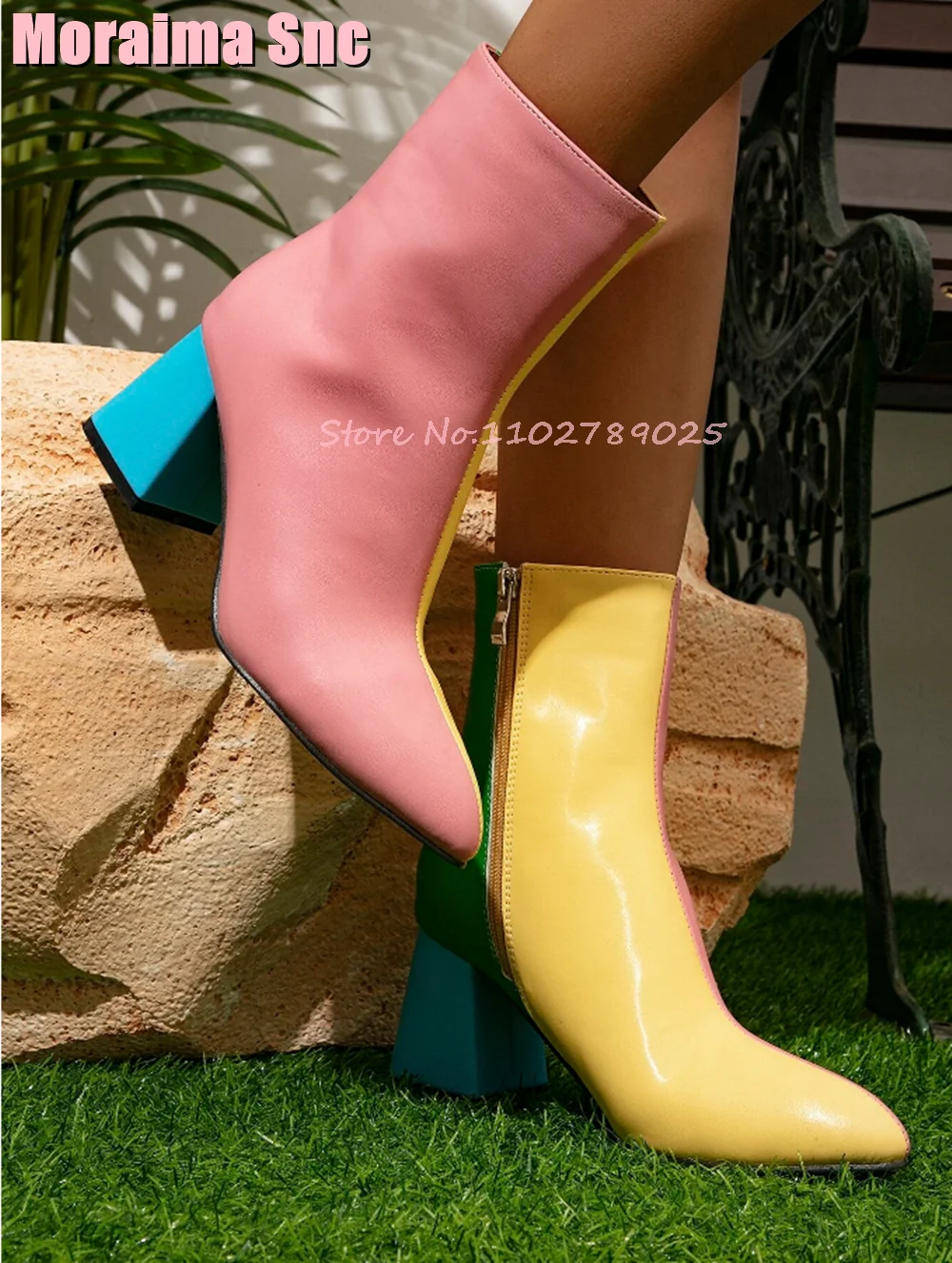 Mixed Colors Pointed Toe Ankle Boots Block Chunky Heeled Side Zipper Fashion Women Ankle Boots Autumn Winter Casual Outdoor 2024