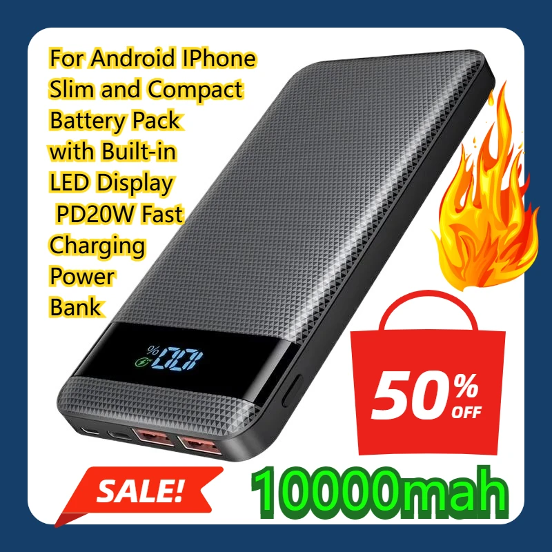 

For Android IPhone 10000mAh Slim and Compact Battery Pack with Built-in LED Display PD20W Fast Charging Power Bank