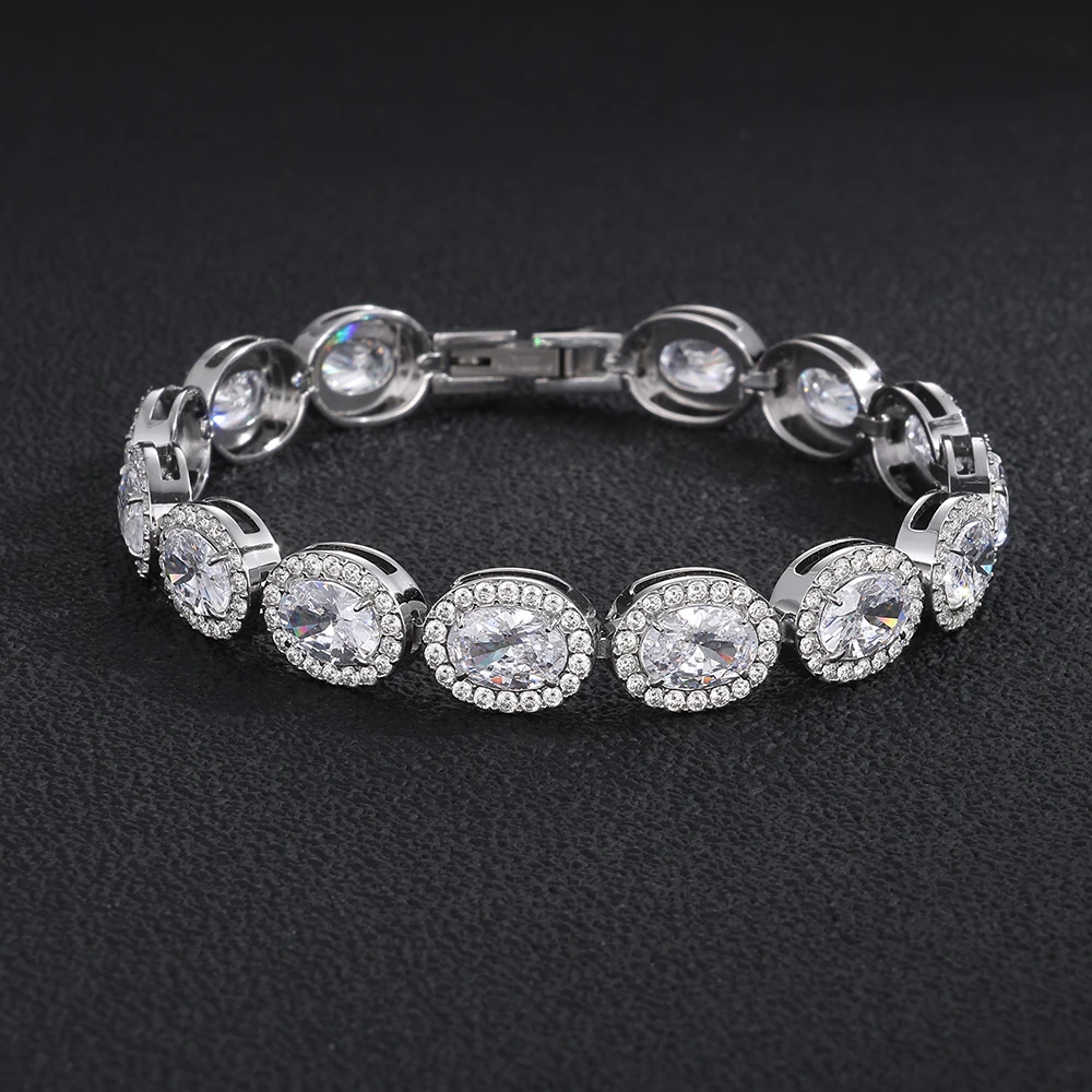 NY Sparkling Oval Halo Zircon Link Bracelet Iced Out 316L Stainless Steel For Men Women Hip Hop Wedding Banquet Jewelry Bracelet