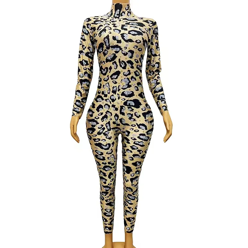 

Fashion Crystal Leopard Jumpsuit Bar Ballroom Dance Costume Women DJ Gogo Dancer Singer Sexy Stage Wear DS Performance Bodysuit