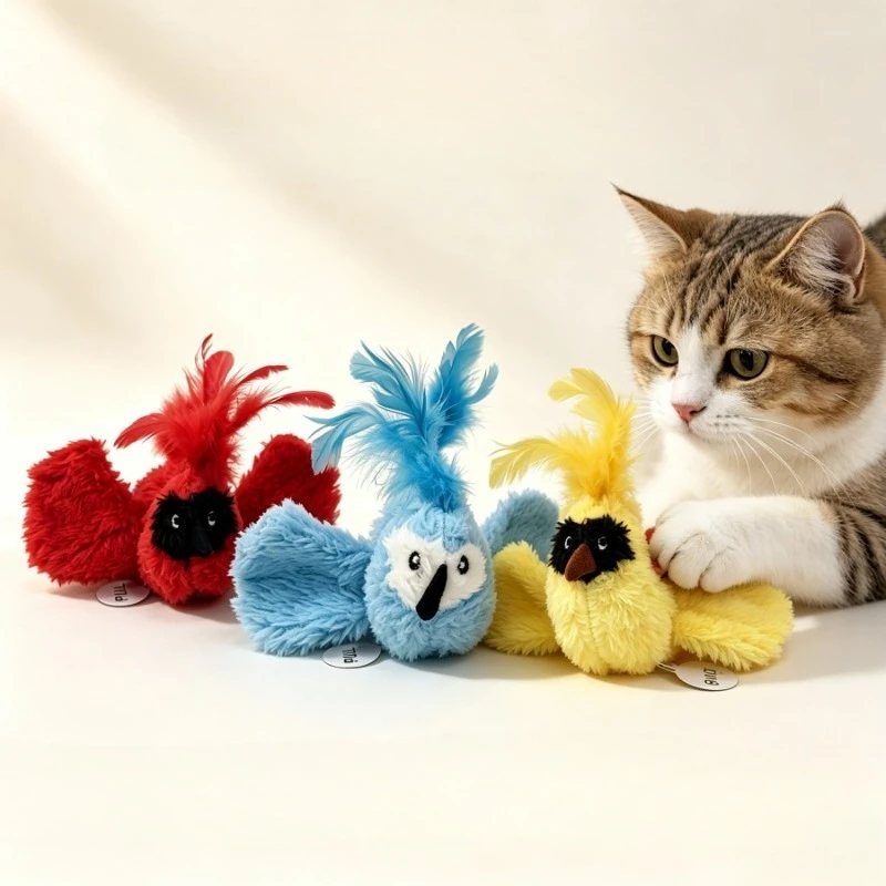 Interaktives Katzenspielzeug, neues, realistisches Katzenspielzeug mit simuliertem Vogelgeräusch, Federn und Katzenminze, Plüschspielzeug zum Beißen, Katzenbedarf – Detail 2