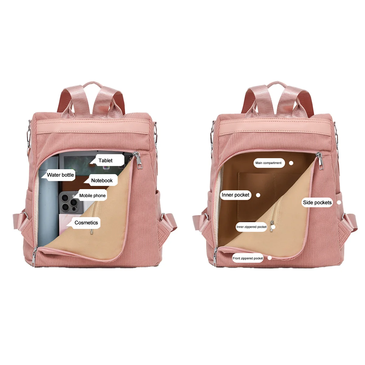 세련된 대용량 코듀로이 여성용 백팩 도난 방지 클로저 디자인 미니멀리스트 여성용 캐주얼 백팩 여행용 백팩