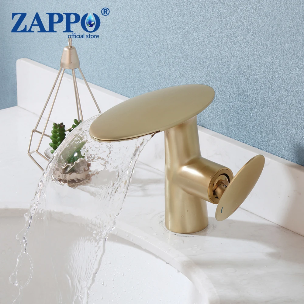 

ZAPPO Brushed Gold Basin Faucet Deck Mount Waterfall Mixer Water Single Handle Bathroom Cold Hot Faucet Brass Washbasin Tap