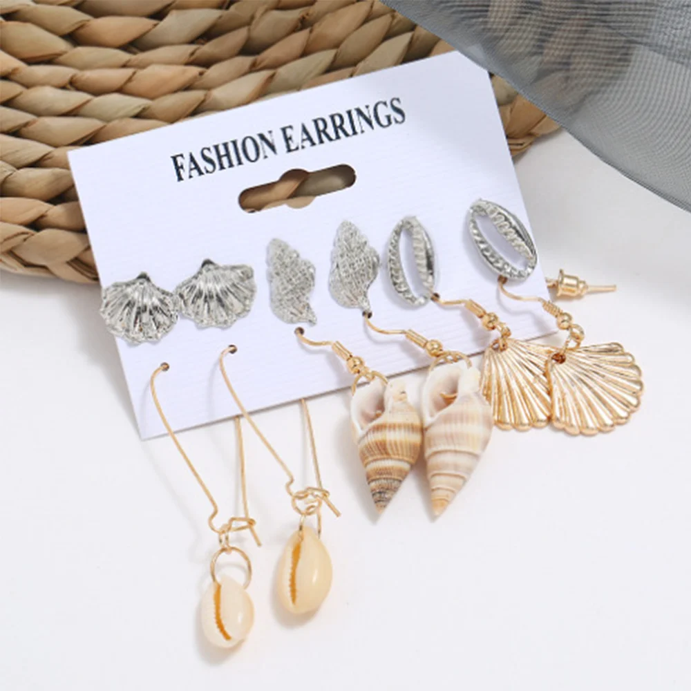 12pcs Ocean Wind Shell Conch Scallop Fashion Alloy Silver Color Golod Color Earring Set Woman Party