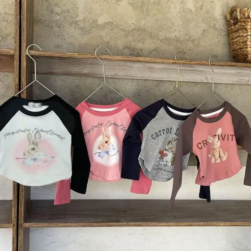 

Fashion Girls Cartoon Long Sleeved T-shirt Cotton Autumn Infant Toddle Child Raglan Sleeves Tight Short Top Baby Clothes 1-10Y