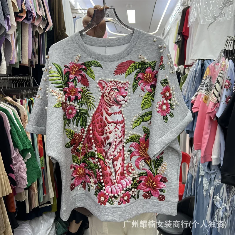 Fashionable Beading Animal Print Loose Short Sleeve T-shirt All-match Round Neck Pullover Top Spring Summer Casual Women Tees