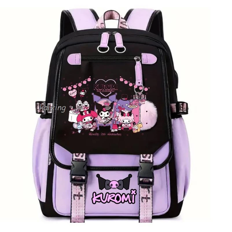 

MINISO Lovely Kuromi Melody Backpacks USB Cartoon Purple Printed Boy Girls School Bag Students Bookbag Women Mochila Escolar