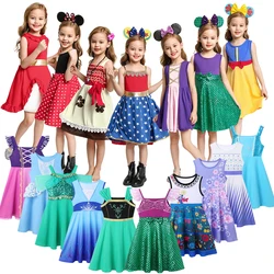 Disney Girls Princess Cute Dress Elsa Anna Summer Ariel Dress Cotton Casual Dress Rapunzel Kids Clothing