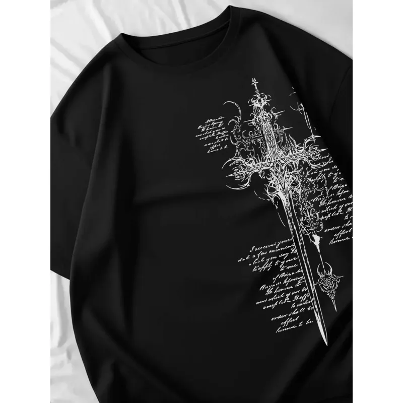 Unisex Oversize T‑Shirt Medieval Sword Cross Vintage Text Print Loose Short Sleeve Gothic Y2K Streetwear Cotton Tees