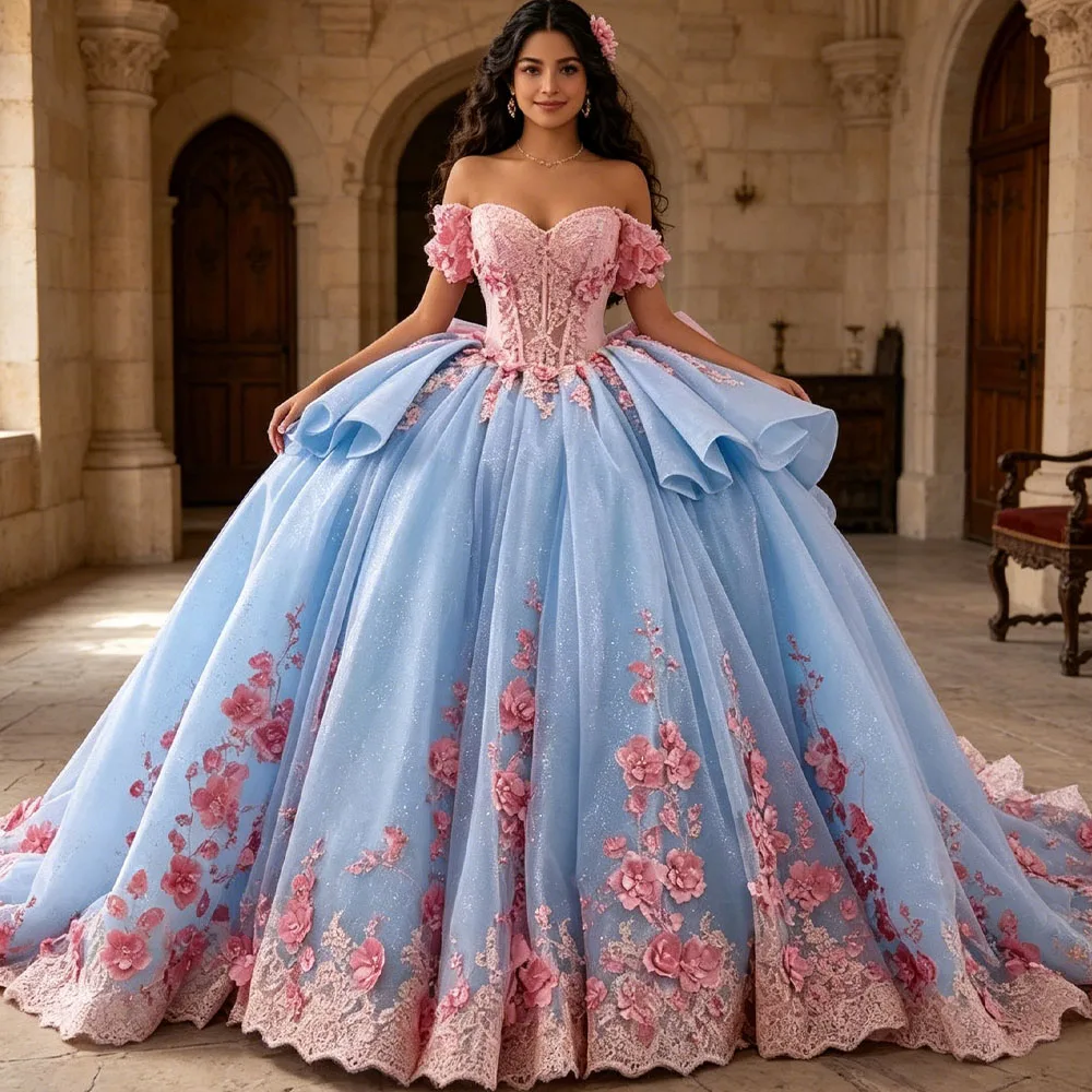 Gorgeous Sky Blue Quinceanera Dress Sweetheart Off Shoulder Lace Up Back Embroidered Beaded Sequined Appliques Evening Dress