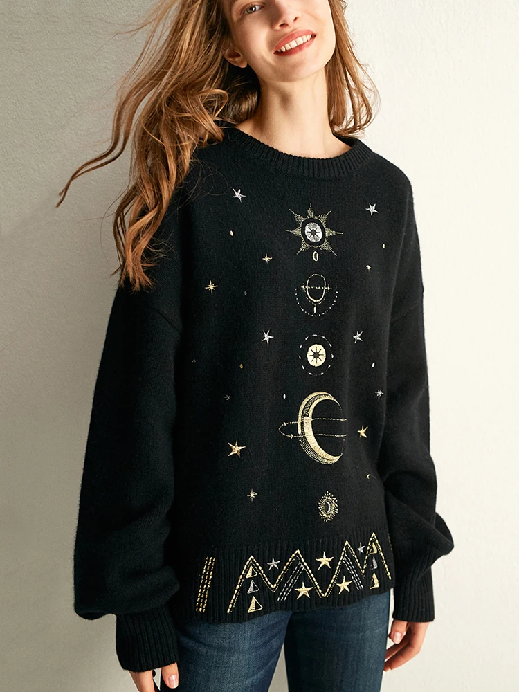 Design Starry Sky Embroidery Sweater High-End 2024 New Autumn Winter Loose Jumper Women Sweater Pullover Knit Top Runway C-055