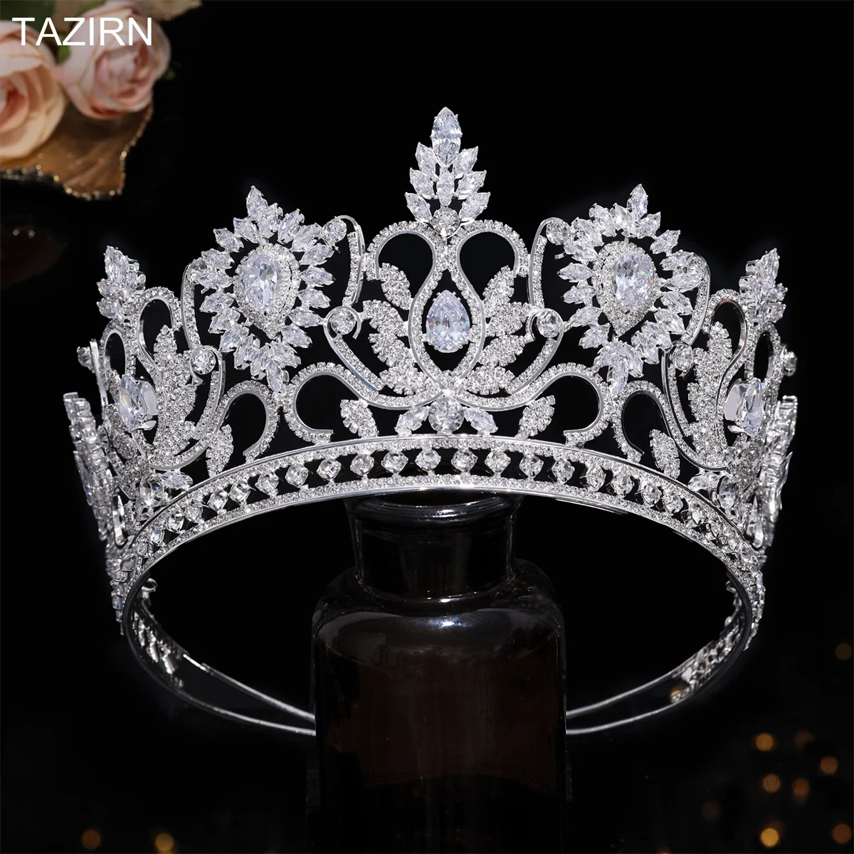 TAZIRN New 5A Zirconia Wedding Big Tiaras for Women Bridal Large Crystal CZ Crowns Luxury Silver Plated Hair Accessories Jewelry