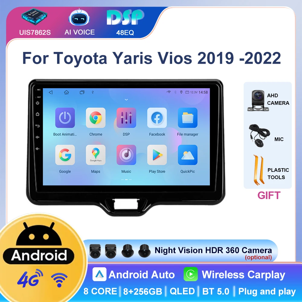10 Inch Stereo Android Auto Car Player Autoradio With Split Screen Wireless Carplay for Toyota Yaris Vios 2019 -2022 RHD