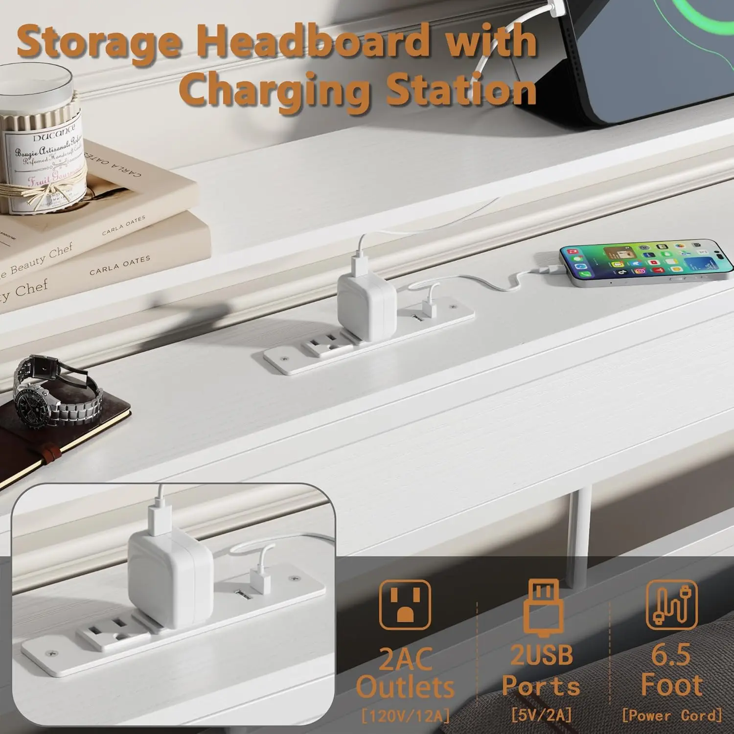 Customized Metal Bed Frame with Storage Headboard and LED Lights, Charging Station and USB Port, Queen, Customized