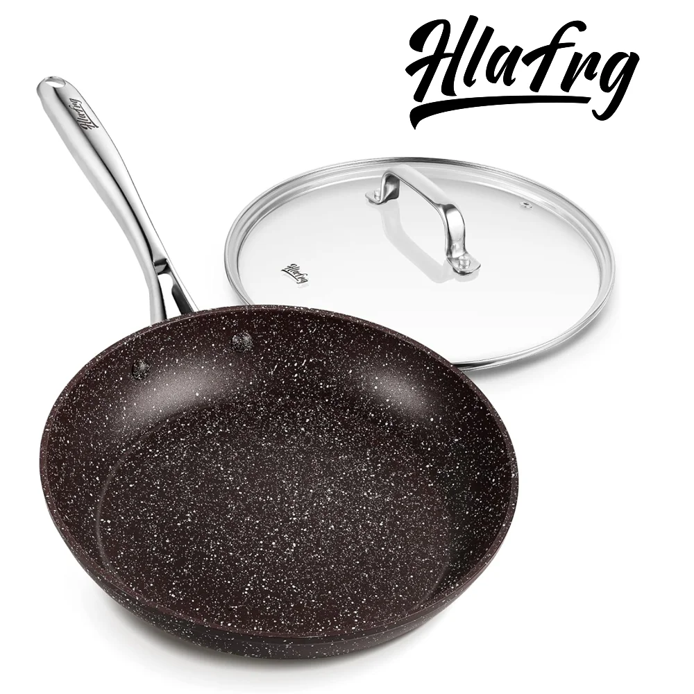 

HLAFRG 10/12 дюймов Мраморная сковорода с антипригарным покрытием и крышкой - кованый алюминий, край 4 мм, индукционная основа, дизайн в горошек, полая ручка