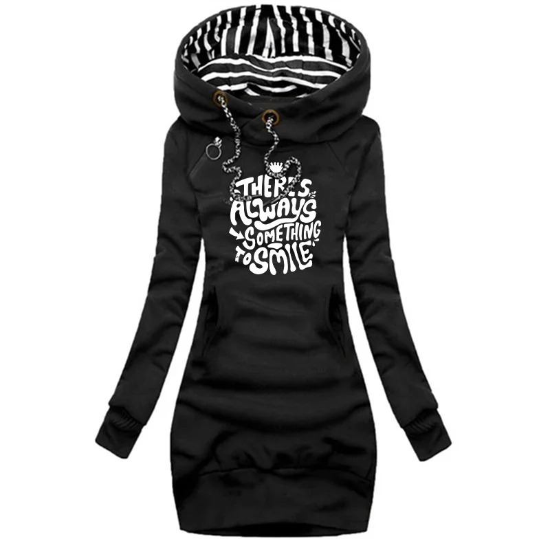 มีบางอย่างที่ควรยิ้มเสมอ ลายพิมพ์ฤดูใบไม้ร่วงและฤดูหนาว ชุดเดรสแฟชั่นผู้หญิงมีฮู้ด ชุดเดรสแบบมีฮู้ด ชุดเดรสแบบเสื้อสเวตเตอร์ผู้หญิง