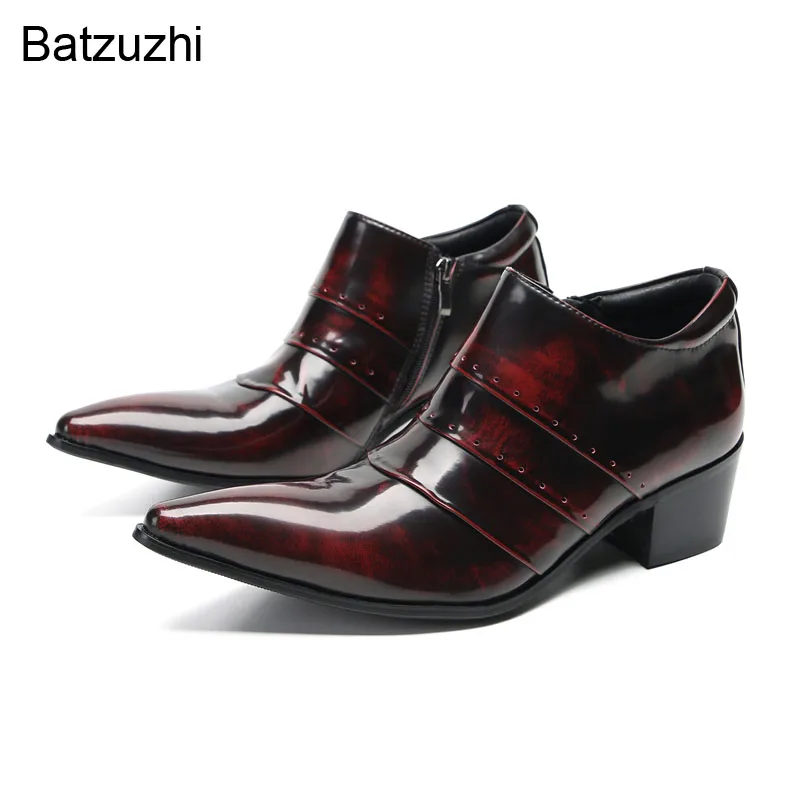 

Batzuzhi Fashion Men's Shoes High Heels 6CM Wine Red Leather Dress Shoes Men Zip Party and Wedding Shoes Men, Big Size 38-46