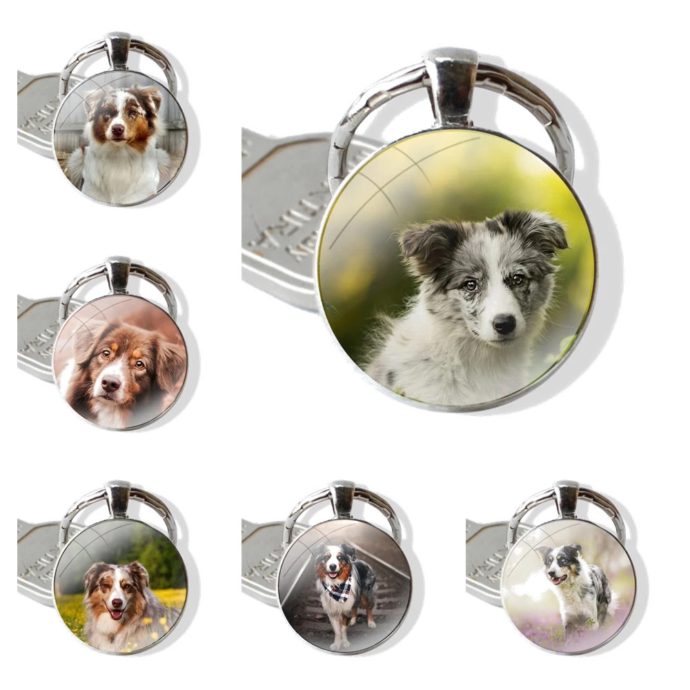 Keychain Handmade Glass Cabochon Key Ring Holder Pendant Key Chains Australian Shepherd