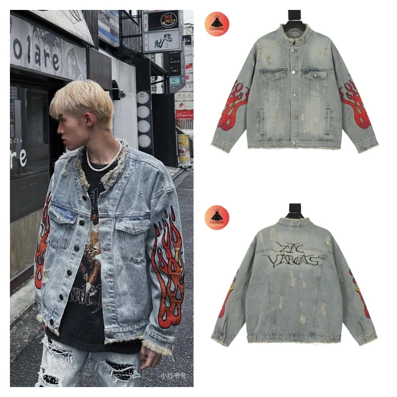 

Top Quality Trend Flame Vintage Hole Broken Washed Denim Jacket High-end Casual Men's Women's Jacket