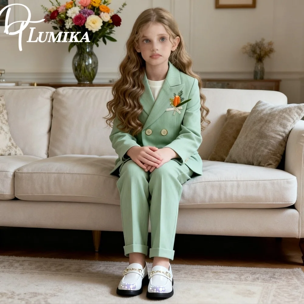 Elegant Girls Aqua Sophisticated Double Breasted 2 Piece Suit Jacket Trousers Wedding Formal Performance Wear For Kids