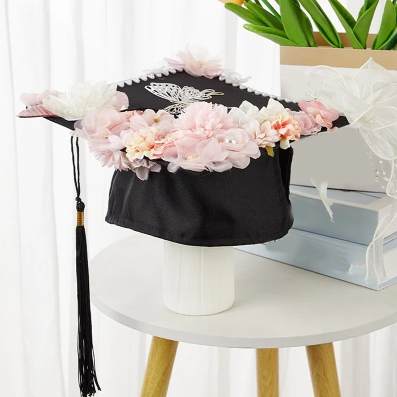 Adult Bachelor Caps with Realistic Flower College Graduation Hat Party Decors