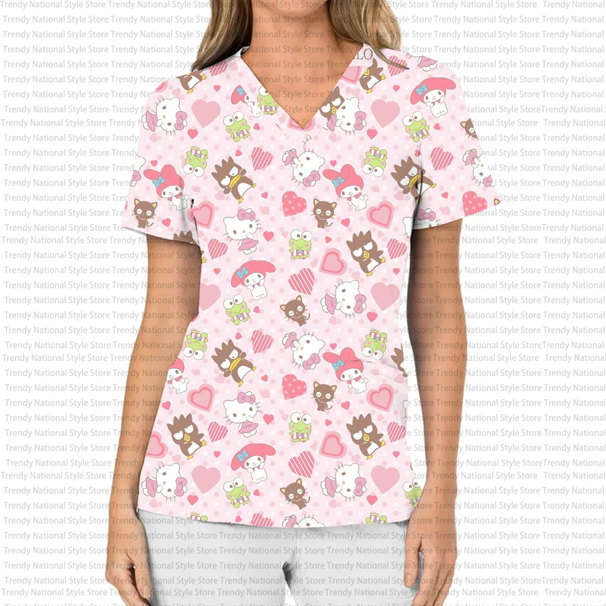 女性の作業服 ソフトマットトップ Vネック ポケットTシャツ 絶妙なハローキティプリント オフィスカジュアルTシャツに最適